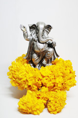 Ganesha god is the Lord of Success God of Hinduism on Marigold flowers Isolated on white background.