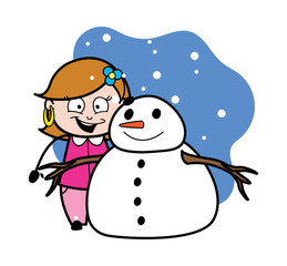 Standing with Snowman - Retro Cartoon Female Housewife Mom Vector Illustration