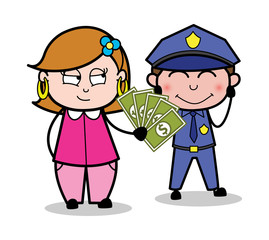 Giving Bribe to a Police Officer - Retro Cartoon Female Housewife Mom Vector Illustration