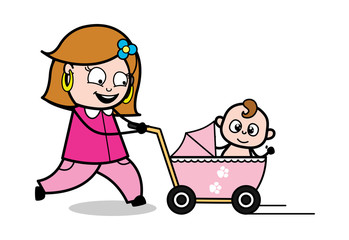 Walking with Baby Trolley - Retro Cartoon Female Housewife Mom Vector Illustration