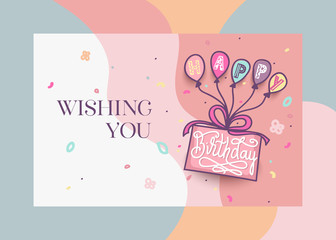 Happy Birthday greeting card design with cake, colorful balloons and lettering text