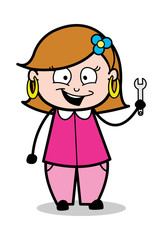 Showing a Wrench Tool - Retro Cartoon Female Housewife Mom Vector Illustration