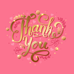 Thank you poster design. Elegant hand drawn lettering gold text. Calligraphy vector illustration