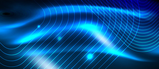 Neon glowing techno lines, hi-tech futuristic abstract background template with square shapes