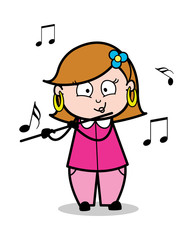 Playing Flute - Retro Cartoon Female Housewife Mom Vector Illustration