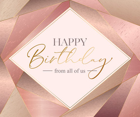 Vector happy birthday card template. Letteing text on pink gold background