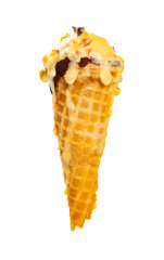 mango and chocolate flavor ice cream cone melting on white with clipping path