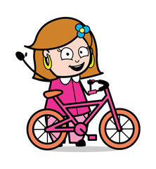 Holding a Cycle - Retro Cartoon Female Housewife Mom Vector Illustration