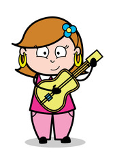 Playing Guitar - Retro Cartoon Female Housewife Mom Vector Illustration