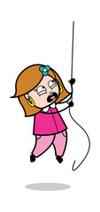 Hanging on Rope and Screaming for Help - Retro Cartoon Female Housewife Mom Vector Illustration