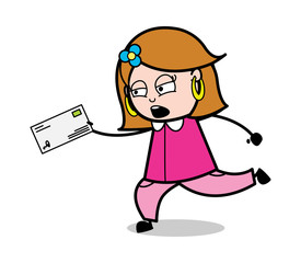 Running to Deliver the Envelope - Retro Cartoon Female Housewife Mom Vector Illustration