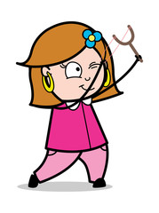 Pointing with Sling Shot - Retro Cartoon Female Housewife Mom Vector Illustration