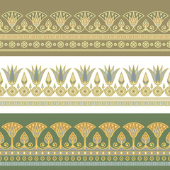 Seamless vector illustration of Egyptian national ornament with a lotus flower on white and green background.