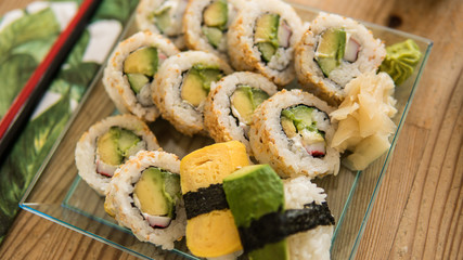 Asian food, sushi rolls on a table