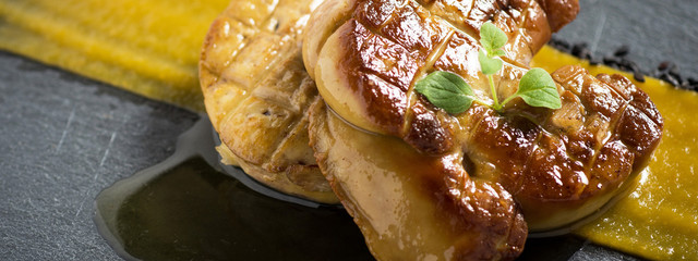 Fried Goose Liver .Foie Gras with Mango Puree. © Victority