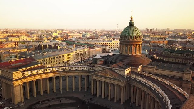 Aerial spring sunset panorama view of Saint Petersburg Kazan Cathedral of Our Lady of Kazan Kazanskiy Kafedralniy Sobor Griboyedov Canal church road rooftops famous place of Russia religion