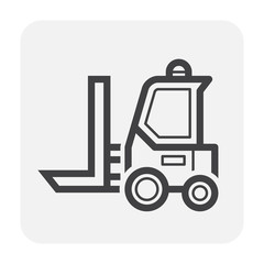 Forklift vector icon. May called fork truck or lift truck. Elevator machine equipment or vehicle for heavy industrial work at storage, port, warehouse and factory by lift up, raise and delivery cargo.