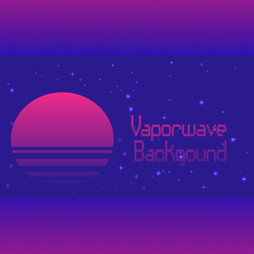 Futuristic background with digital landscape, laser grid and text Vaporwave in English and Japanese translation. Trendy neon colors, retrowave synthwave neon 80s-90s aesthetics