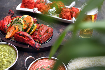 Thai cuisine, aromatic curry dishes. Colorful dishes.