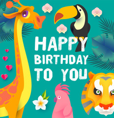 Naklejka premium Happy Birthday! Children Event. Tropic and Exotic Party, Cute Animals.