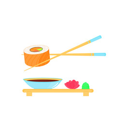 Sushi Roll with salmon. Traditional japanese food. Soy sauce, ginger, wasabi, chopsticks, plate.