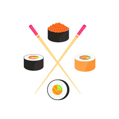 Sushi Set. Rolls with caviar of red fish, with salmon. Traditional japanese food.