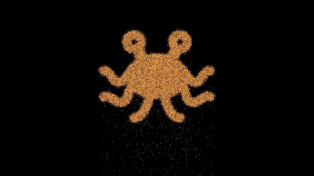 Symbol pastafarianism appears from crumbling sand. Then crumbles down. Alpha channel Premultiplied - Matted with color black