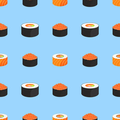 Sushi Set. Rolls with caviar of red fish, with salmon. Traditional japanese food. Seamless pattern.