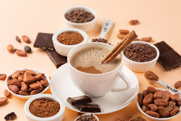 Natural cocoa beans and hot chocolate