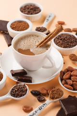 Natural cocoa beans and hot chocolate