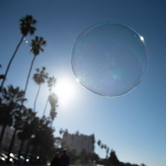 A soap bubble floating in front of palm trees in California