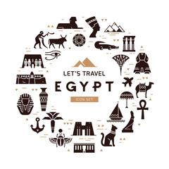 Circular design pattern of filled icons on the theme of sights and symbols of Egypt with place for text. Sights and symbols of Egypt.