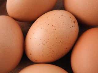 Top view of raw brown eggs background. Eggs are a common ingredient in cooking.  Egg protein is a protein that can be absorbed efficiently. Food concept.