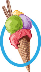 Cone with three balls of ice cream of different flavors, framed in a oval, in vector.
