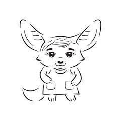 Black and white illustration of cute stylish dressed female fennec fox. Funny kawaii cartoon character. Isolated on white background