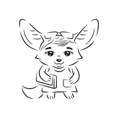 Black and white illustration of cute stylish dressed female fennec fox with clutch bag and sunglasses. Funny kawaii cartoon character. Isolated on white background