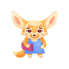 Cute stylish dressed female fennec fox with clutch bag. Funny kawaii cartoon character. Isolated on white background