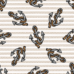 Cute scattered anchor with rope cartoon seamless vector pattern. Hand drawn ocean sailing tile. All over print for seafaring blog, nautical graphic, metal equipment home decor. © Limolida Studio