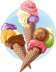 Three ice cream cones of different flavors, in vector.