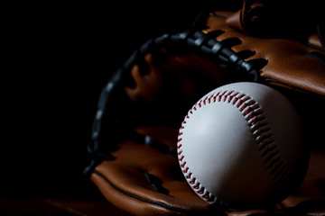 Baseball equipment, baseball and white with a dark background
