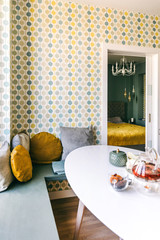 Scandinavian interior design. White grey yellow green color kitchen room organization