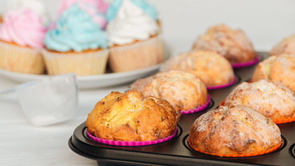 selective focus of tasty cupcakes with powdered sugar in cupcake tray