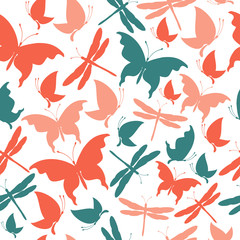 Pink heart, butterflies, valentine card vector illustration seamless pattern