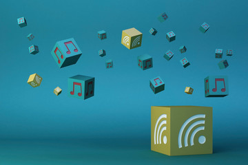 Colourful music and wifi icons box. Social media concept.white background.3d rendering.