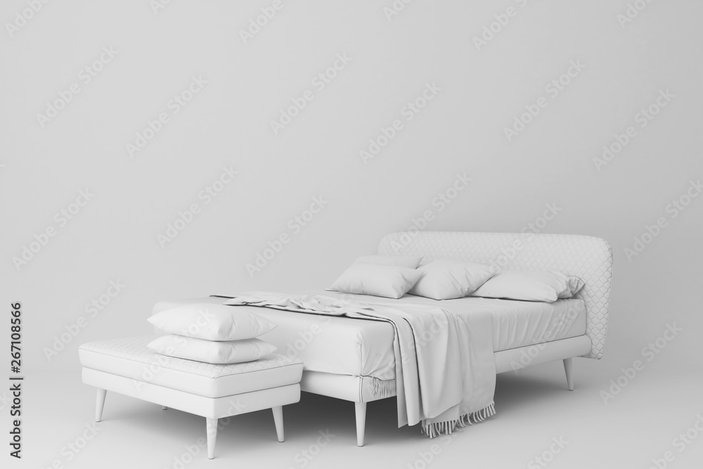 Wall mural White bed and seating.3d rendering