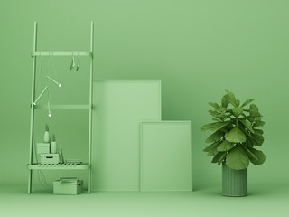Green shelf and artwork frame with plant.3d rendering