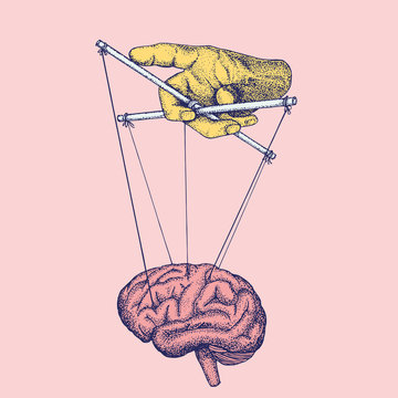 Illustration of hand controlling brain like marionette