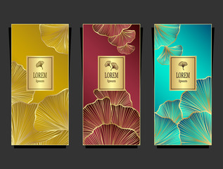 Set Template for package or flyer from Luxury background with  leaves  in gold burgundy cyan for cosmetic or perfume or for package of tea or label or for brand book