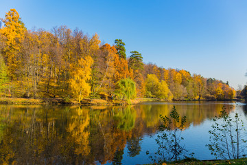 MOSCOW, RUSSIA - October 17, 2018: Panoramic view to the pond in Tsaritsyno park
