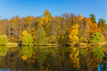 Scenic view to the autumn park and pond